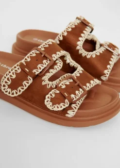 Threadbare Tan Contrast Stitch Chunky Sliders