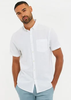Threadbare White Dragon Cotton-Linen Blend Short-Sleeve Shirt