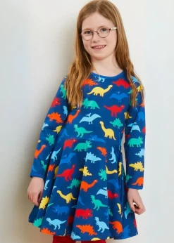 Toby Tiger Organic Multi Colour Rainbow Dinosaur Print Skater Dress (12  months - 8 years)