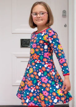 Toby Tiger Organic Multi Colour Floral Mushroom Print Long-Sleeved Skater Dress (12  months - 8 years)
