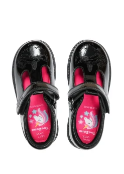 ToeZone Black Ellie Patent Coated Leather Rip Tape Unicorn School Shoe (Younger 8- Older 3)