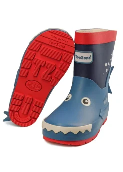 ToeZone Boys Blue Rico Novelty Shark Rain Boot (Younger 6- Older 12)