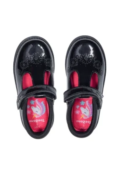 ToeZone Ellie Girls Patent Coated Leather Rip Tape Unicorn School Shoe