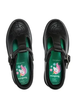ToeZone Girls Black Anya Coated Leather T-Bar Unicorn School Shoe (Younger 8 - Older 2)