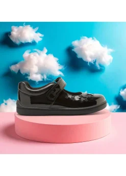 ToeZone Girls Black Barbie Patent Rip Tape School Shoe
