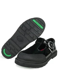 ToeZone Girls Black Clover Patent Coated Leather T-Bar Flower School Shoe (Younger 8 - Older 2)