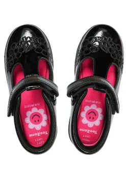 ToeZone Girls Black Flo Patent Leather Rip Tape Flower School Shoe (Younger 6 - 13)