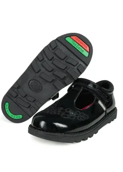 ToeZone Girls Black Flo Patent Leather Rip Tape Flower School Shoe (Younger 6 - 13)