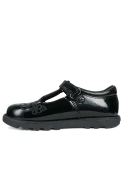 ToeZone Girls Black Flo Patent Leather Rip Tape Flower School Shoe (Younger 6 - 13)