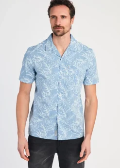 Tokyo Laundry Blue Cotton Printed Chambray Short Sleeve Shirt