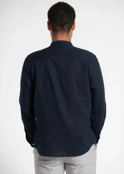 Tokyo Laundry Navy Linen Blend Button Up Shirt With Grandad Collar