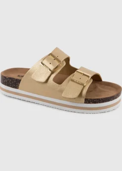 Totes Gold Double Buckle Platform Slider