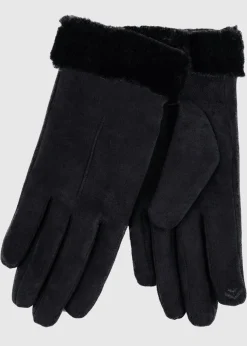 Totes Isotoner Black One Point Faux Suede Glove with Faux Fur Cuff Detail