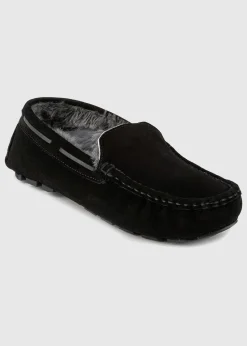 Totes Isotoner Black Real Suede With Closed Stitch Moccasin Slipper