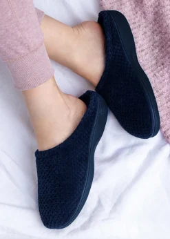 Totes Isotoner Navy Popcorn Terry Mule Slippers