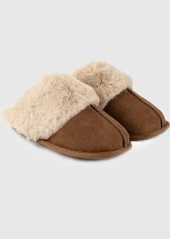 Totes Isotoner Tan Ladies Real Suede Mule with Fur Cuff