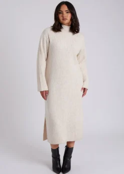 Urban Bliss Cream Stand Neck Ribbed Dress