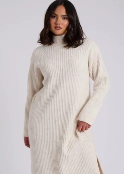 Urban Bliss Cream Stand Neck Ribbed Dress
