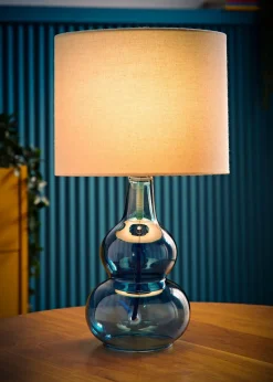 ValueLights Aida Natural Linen Tall Lamp Shade Blue Bubble Glass Table Lamp