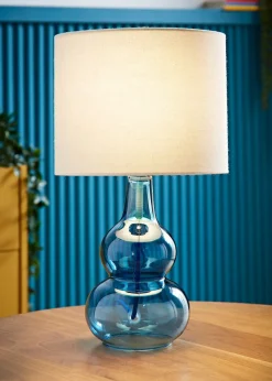 ValueLights Aida Natural Linen Tall Lamp Shade Blue Bubble Glass Table Lamp