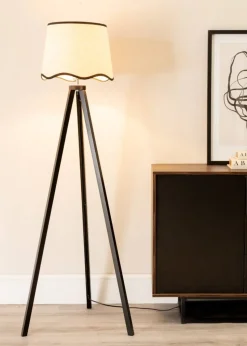 ValueLights Barbro Tripod Wood Black Floor Lamp with Large Tapered Trim Shade
