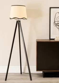 ValueLights Barbro Tripod Wood Black Floor Lamp with Large Tapered Trim Shade