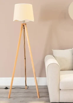 ValueLights Barbro Tripod Oak Effect Floor Lamp with Large Tapered White Trim Shade