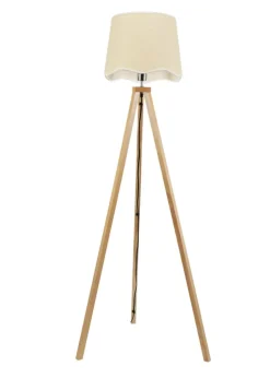 ValueLights Barbro Tripod Oak Effect Floor Lamp with Large Tapered White Trim Shade