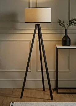 ValueLights Barbro Tripod Wood Black Floor Lamp with Large Drum Trim Shade
