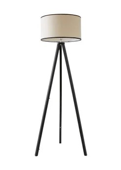 ValueLights Barbro Tripod Wood Black Floor Lamp with Large Drum Trim Shade