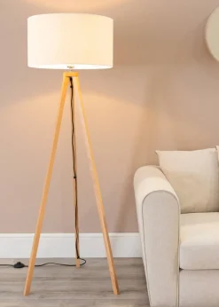 ValueLights Barbro Tripod Oak Effect Natural Floor Lamp with Large Drum Trim Shade