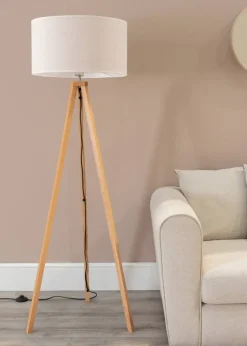 ValueLights Barbro Tripod Oak Effect Natural Floor Lamp with Large Drum Trim Shade