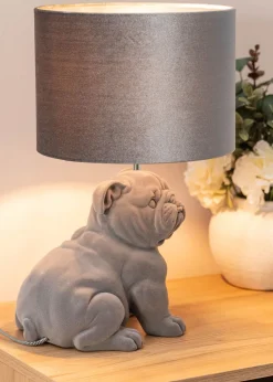 ValueLights Billy Grey Velvet Bulldog Table Lamp (46.5cm x 28cm x 28cm)