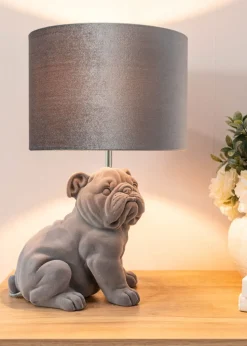 ValueLights Billy Grey Velvet Bulldog Table Lamp (46.5cm x 28cm x 28cm)