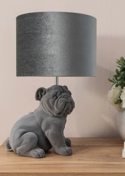 ValueLights Billy Grey Velvet Bulldog Table Lamp (46.5cm x 28cm x 28cm)