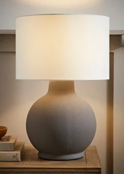 ValueLights Blair Natural Linen Drum Shade Hand Finished Ceramic Stoneware Table Lamp