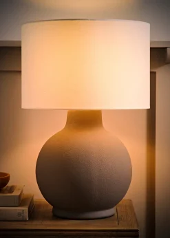 ValueLights Blair Natural Linen Drum Shade Hand Finished Ceramic Stoneware Table Lamp