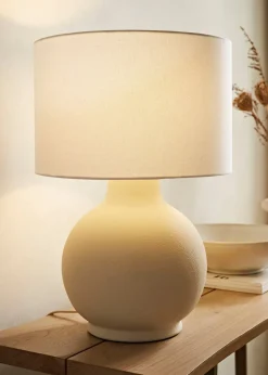 ValueLights Blair Natural Linen Drum Shade Hand Finished Ceramic Stoneware Table Lamp
