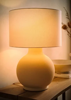 ValueLights Blair Natural Linen Drum Shade Hand Finished Ceramic Stoneware Table Lamp