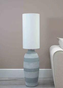 ValueLights Deegan Cement Effect Grey Floor Lamp with Cream Drum Shade