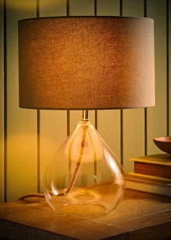 ValueLights Eloise Natural Linen Drum Shade Clear Glass Teardrop Table Lamp