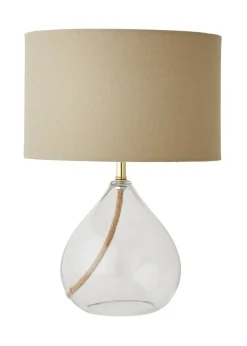 ValueLights Eloise Natural Linen Drum Shade Clear Glass Teardrop Table Lamp