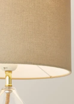 ValueLights Eloise Natural Linen Drum Shade Clear Glass Teardrop Table Lamp