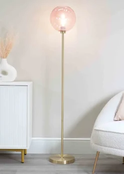 ValueLights Frenchie  Gold Floor Lamp with Pink Globe Shade (150cm x 25cm x 25cm)