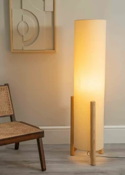 ValueLights Henry Oak Effect Natural Floor Lamp with XL Drum Shade