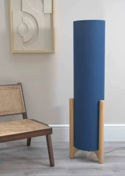 ValueLights Henry Oak Effect Navy Floor Lamp with XL Drum Shade
