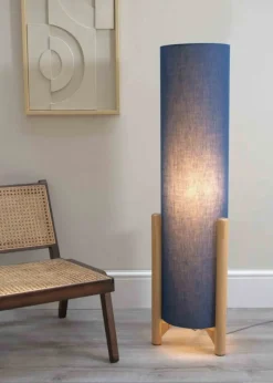 ValueLights Henry Oak Effect Navy Floor Lamp with XL Drum Shade