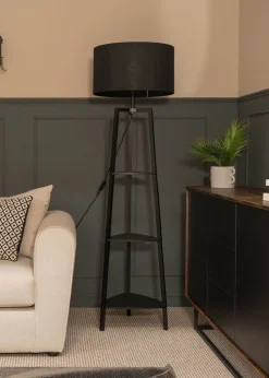 ValueLights Hiru Matte Black 3 Tier Shelf Floor Lamp Black Shade (138cm x 47.5cm x 47.5cm)