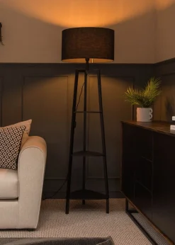 ValueLights Hiru Matte Black 3 Tier Shelf Floor Lamp Black Shade (138cm x 47.5cm x 47.5cm)