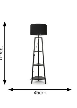 ValueLights Hiru Matte Black 3 Tier Shelf Floor Lamp Black Shade (138cm x 47.5cm x 47.5cm)